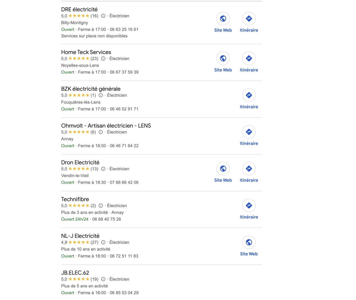 Résultats Google Maps — certains artisans ont un site web, d'autres non